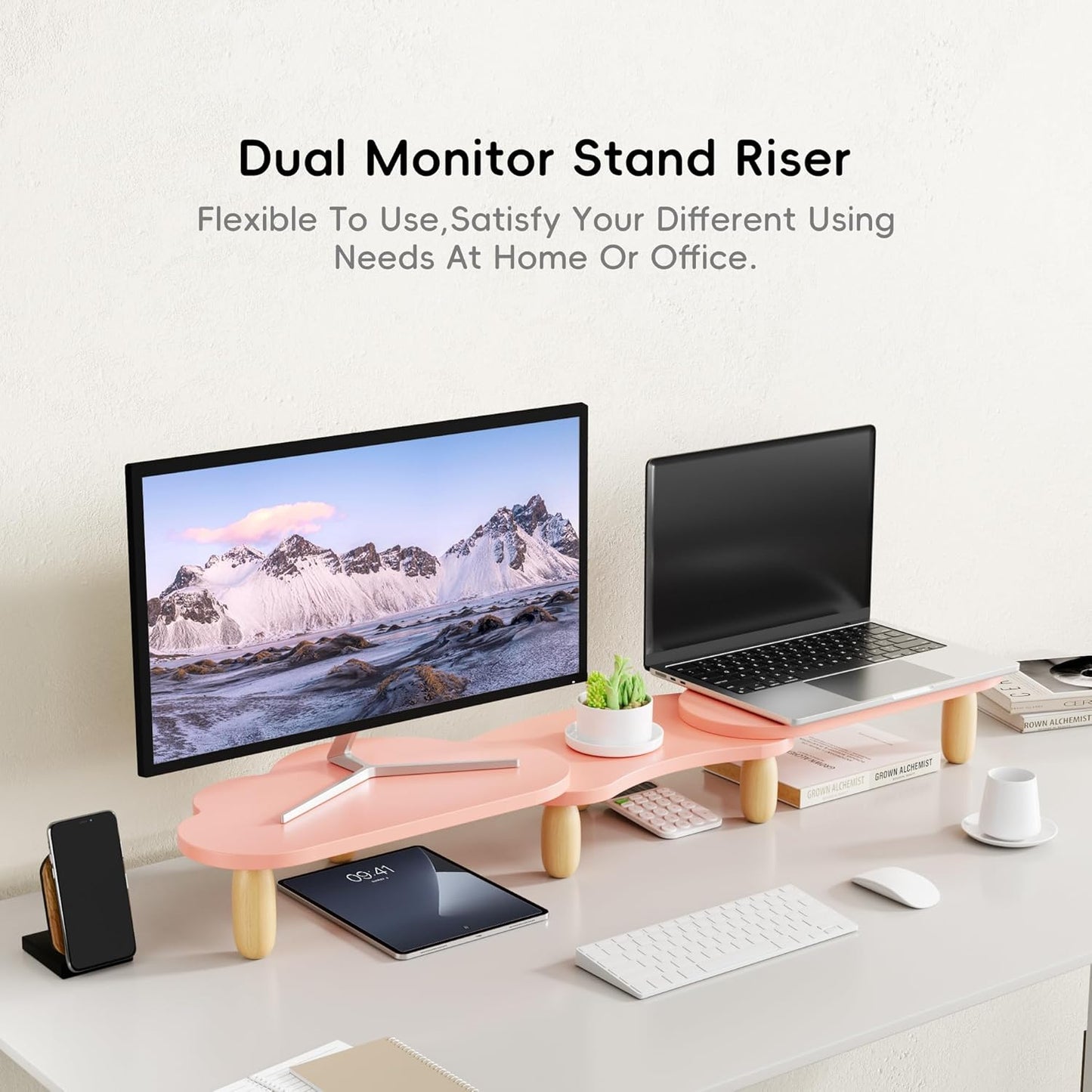 Dual Monitor Stand Riser, Adjustable Rainbow Cloud Desktop Organizer for 2 Monitors, Flexible Length & Angle Computer Stand for Laptop, PC, Printer, Home Office Use - Pink