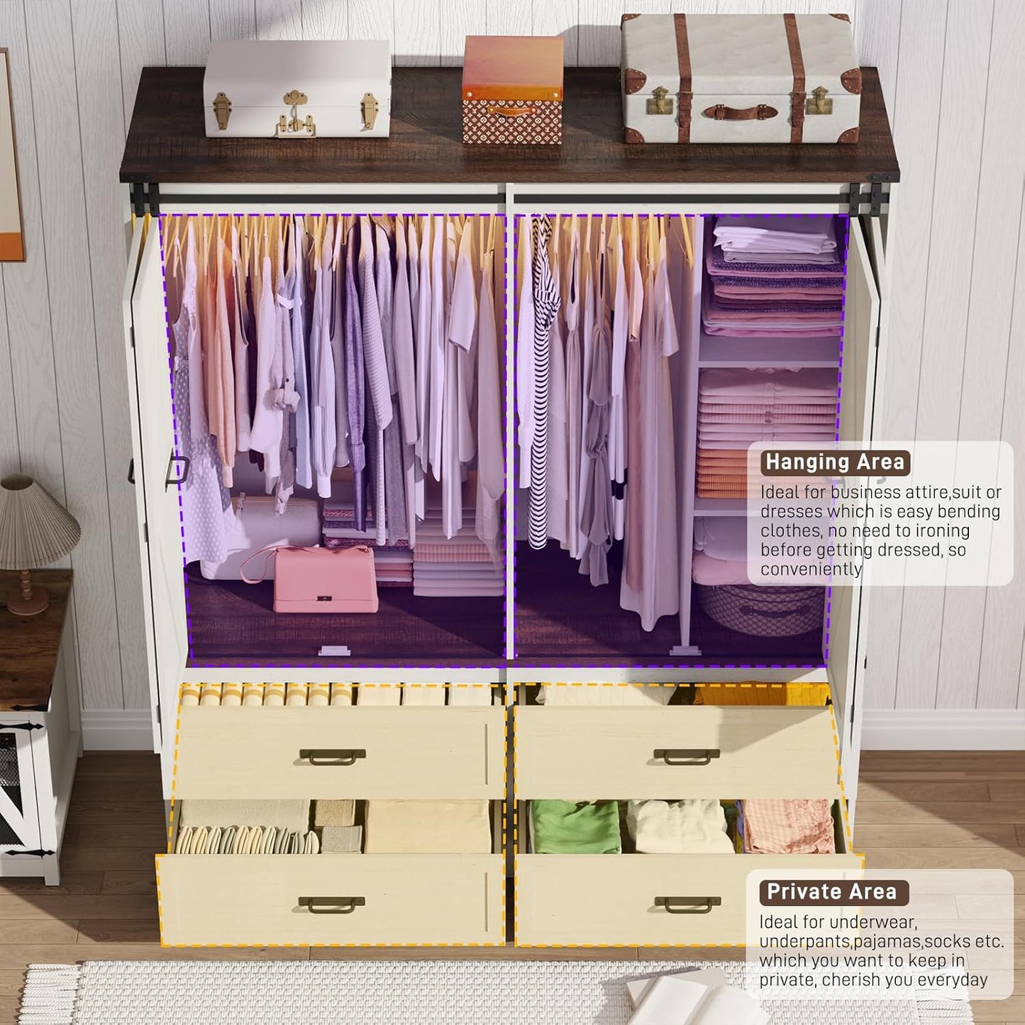 Farmhouse 4 Doors Armoire Wardrobe Closet w/Folding Sliding Barn Door and Lights, LED Armoire Closet w/Drawers for Bedroom, Freestanding Wooden Wardrobe Storage Closets w/Hanging Rod,Antique White