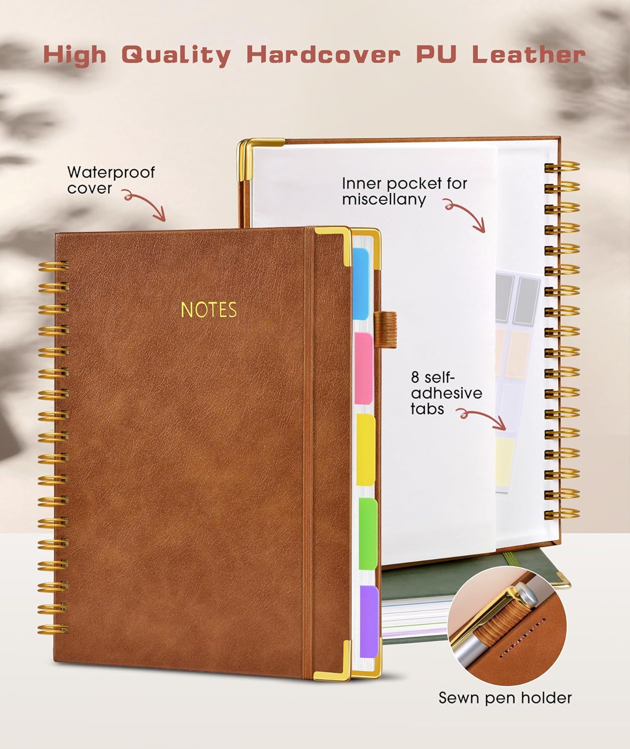 Hardcover Spiral Notebook Journal with Removable Dividers Tabs, 300 Pages Leather 5 Subject Notebook College Ruled, 8"x10" Large B5 Notebooks for Work School, Lined Journal for Men, Light Brown