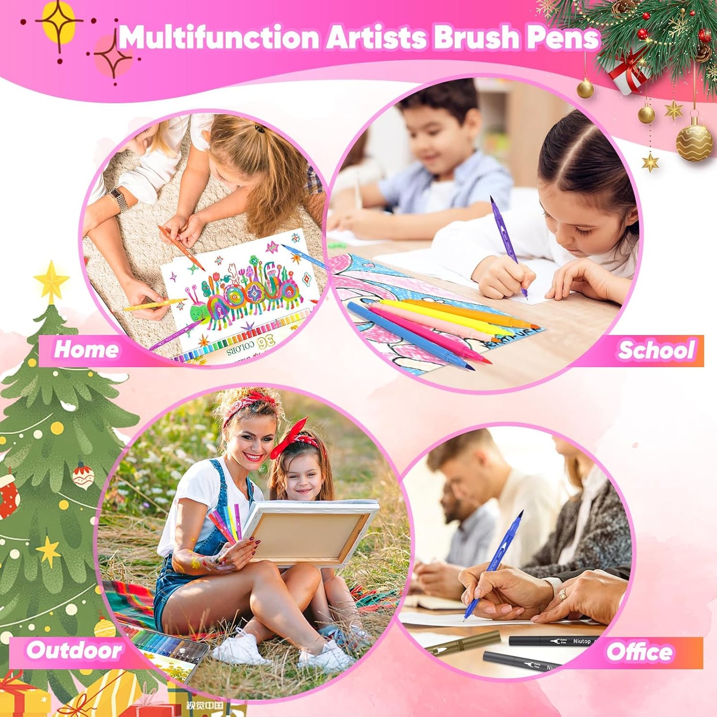 Niutop 36 Colors Fine & Brush Tip Dual Tip Coloring Marker Pens, Doodle Art Markers for Adult Coloring Books, Calligraphy Journaling, Art Supplies for Kids 9-12