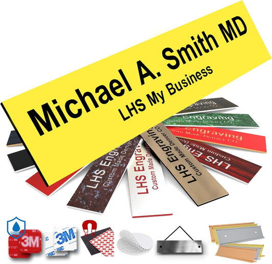 Door Name Plate Personalized for Office Yellow Plastic Name Plate Black Letters - Made in USA 2x4 B4