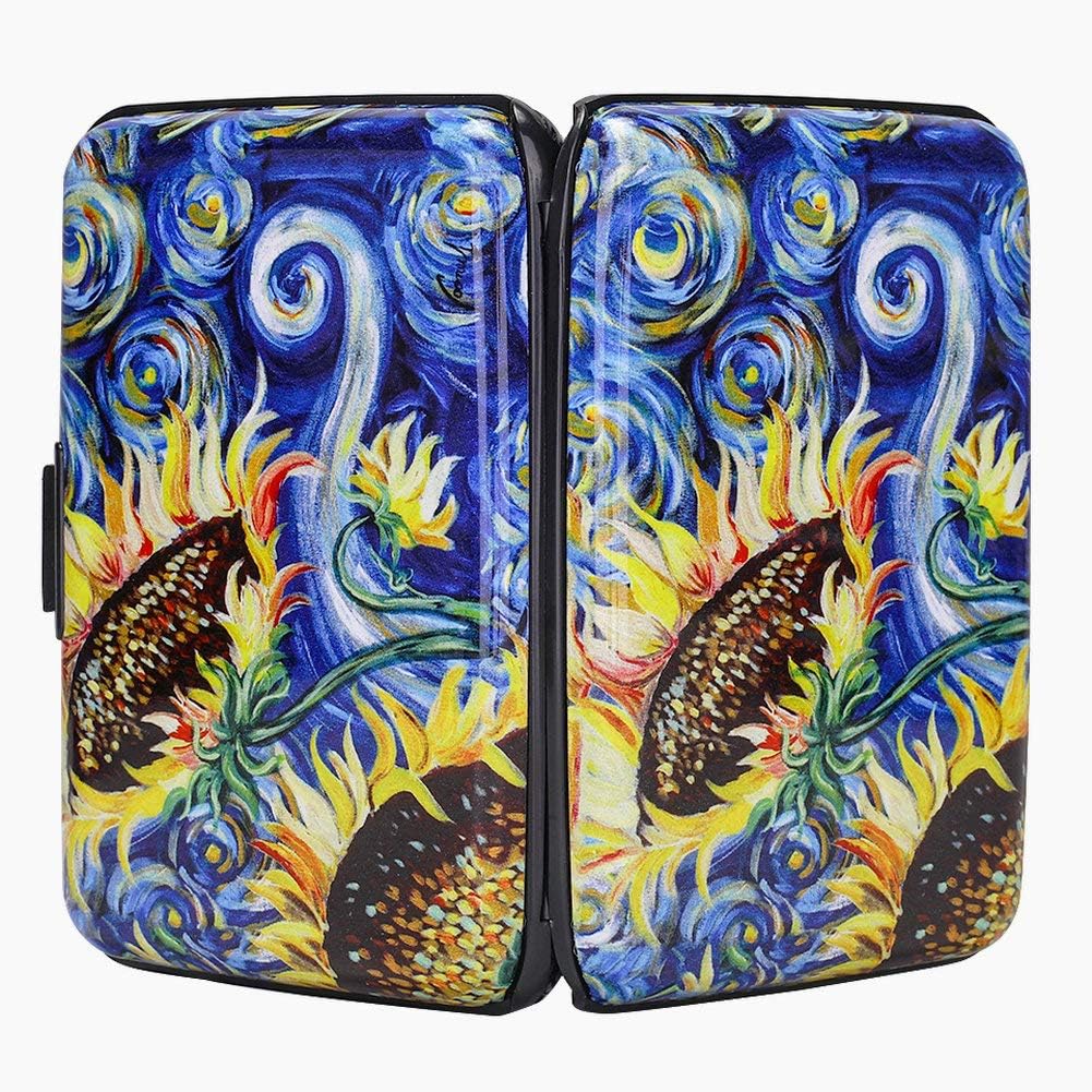 ELFISH Mini RFID Aluminum Wallet Credit Cards Holder Business Card Case Metal ID Case for Men Women (Sun flower)