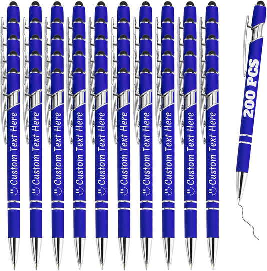 Personalized Pens Bulk 200 with Name Custom Engraving Ballpoint Pens with Stylus Tip Customized Smooth Writing Pens Personalized Gifts for Anniversary Birthday or Graduation(Blue,Black Ink)