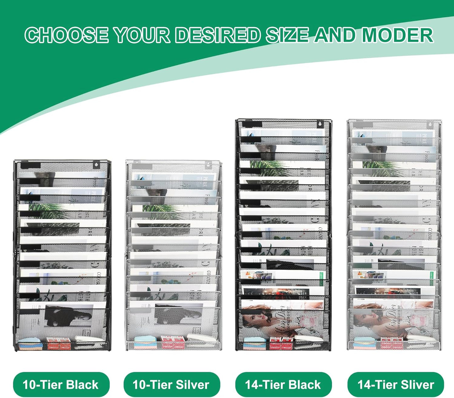 10-Tier Wall File Organizer, Hanging Mail Organizer Wall Mounted Paper Document Holder, Metal Clipboard Storage Basket for Office Home School Organization, Black