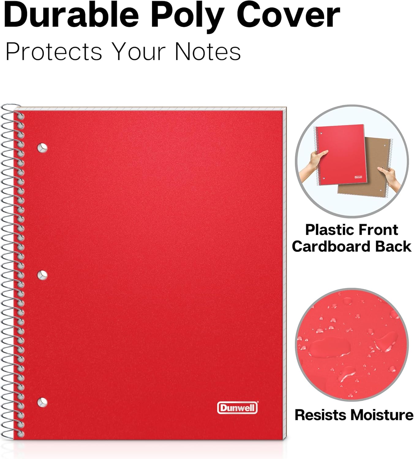 Dunwell Graph Paper Notebook 8.5 x 11 (Red) Plastic Cover, 100 Sheets (200 Pages), 4x4 Squares, 1 Subject Graph Paper Spiral Notebook, 1/4" Grid, Pocket Divider, Easy Tear-Off, 3-Hole Punched