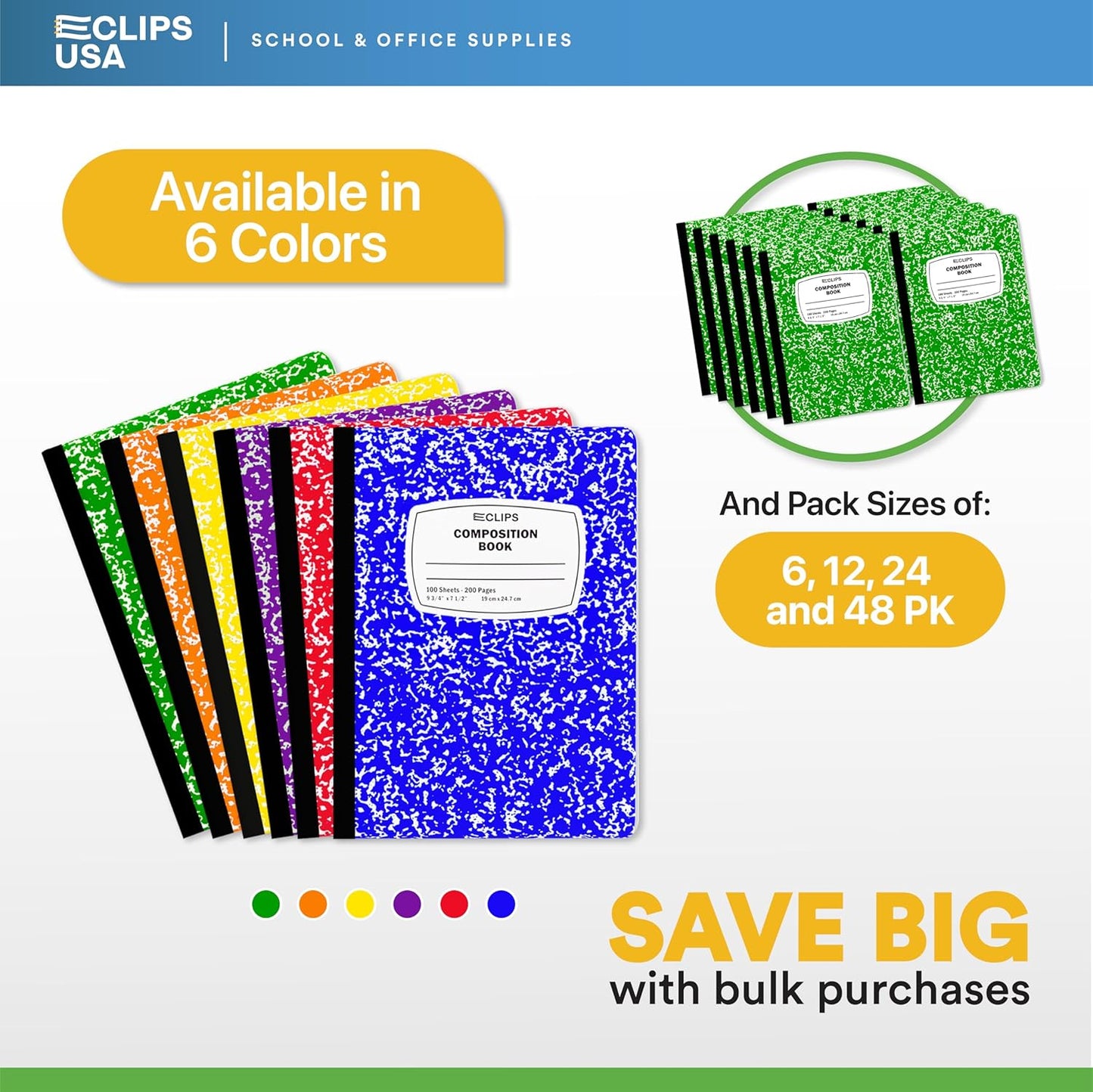 E-CLIPS USA Composition Notebooks, (24 Pack), Wide Ruled Composition Notebook, Marble Composition Notebook, 100 sheets, 200 Pages (24, Green)