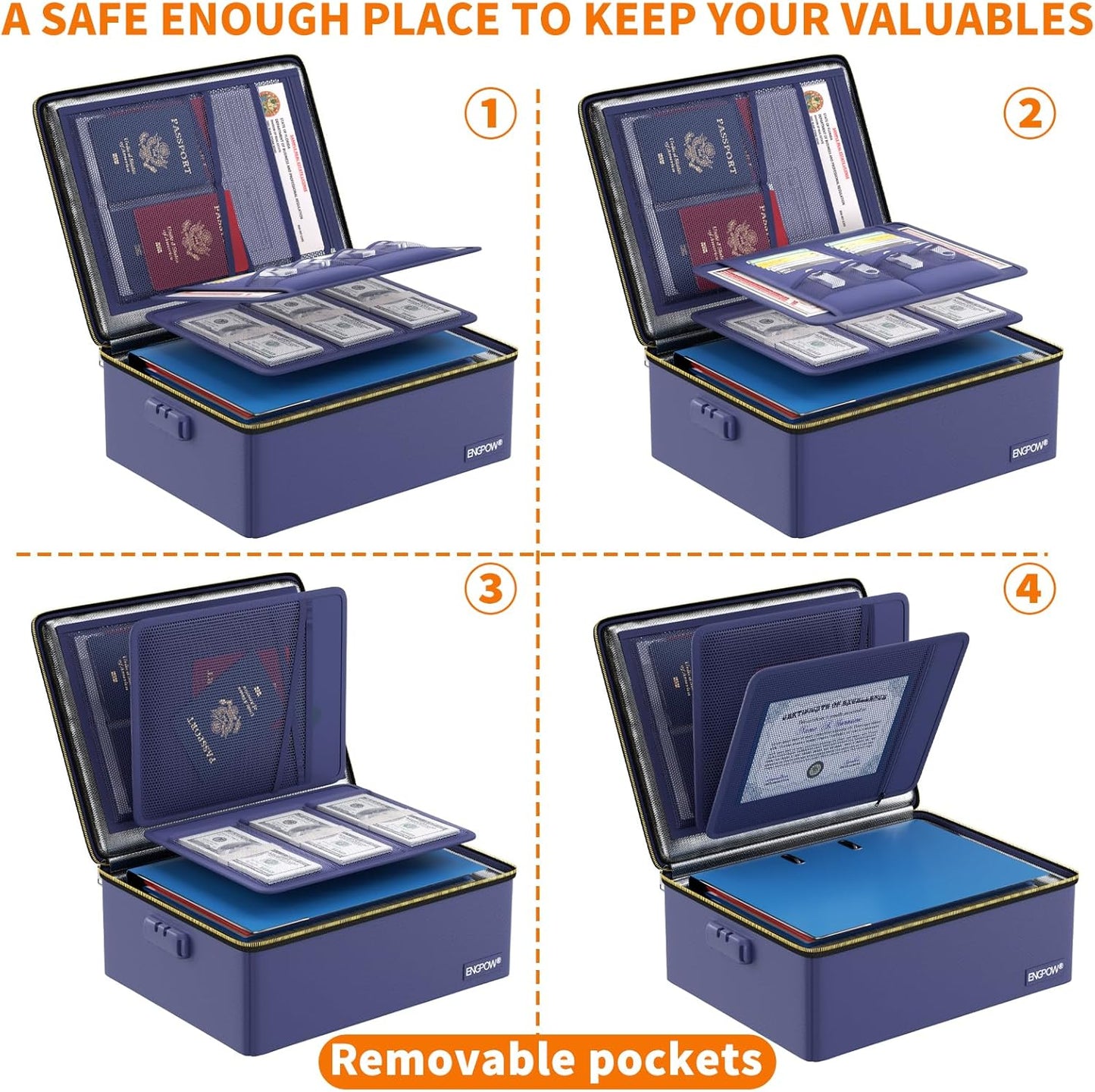 ENGPOW Fireproof Document Box, Hard Fireproof Box with Fireproof Zipper＆Lock, 6400°F Heat Insulated Fireproof Water Resistant File Organizer Storage Box Safe for Important Documents,Valuable,Blue