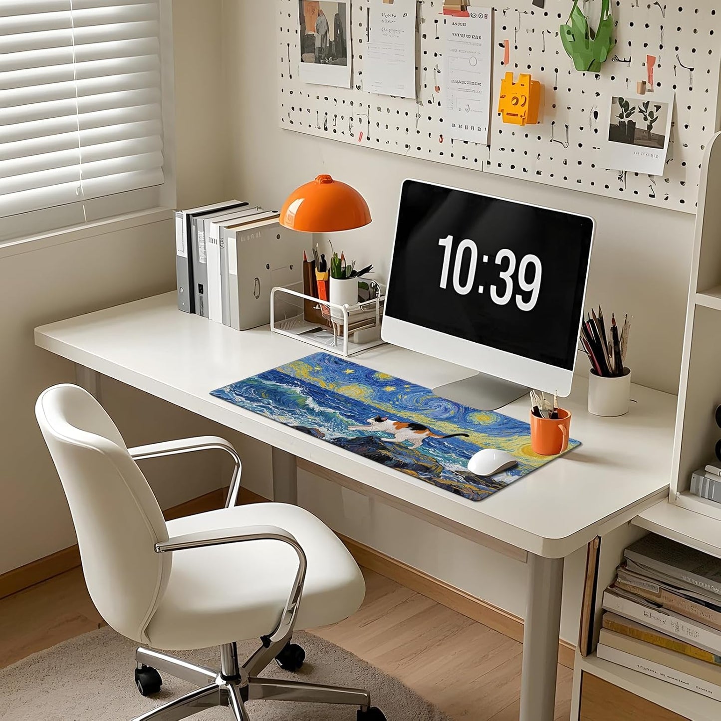 Cute Calico Cat Surfing Mouse Pad, Starry Night Style Mousepad - Large Non-Slip Desk Mat for Office, PC, Laptop - 35.5"x15.7" x 3mm