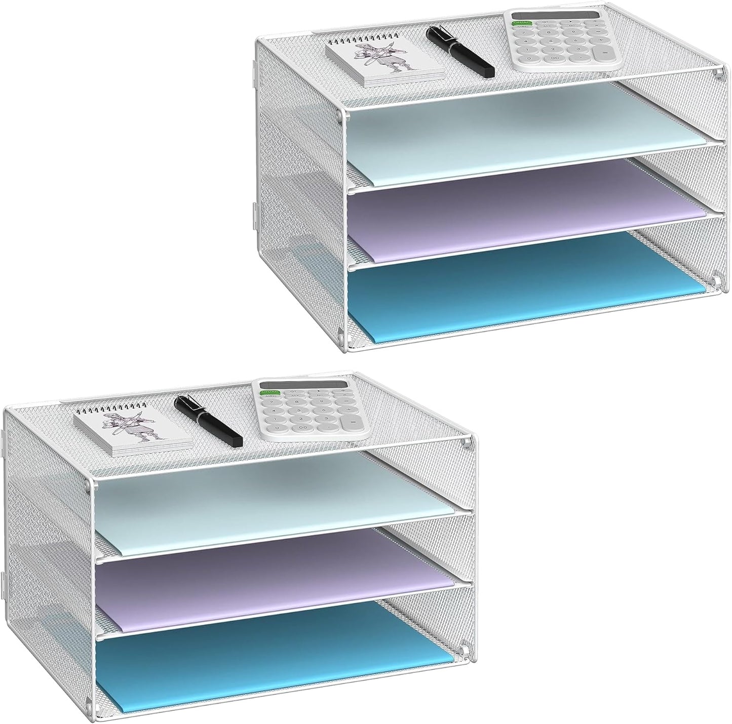 DALTACK 3 Tier Letter Tray Paper Organizer Mesh Metal Desk File Organizer for Home & Office, White 2 Pack