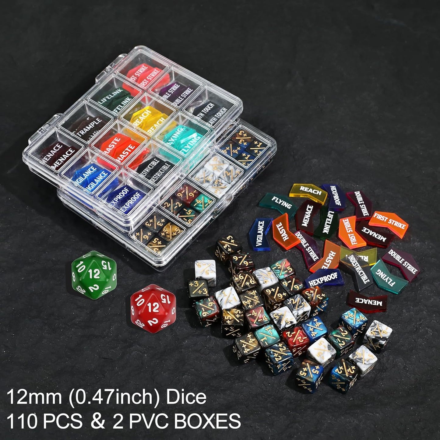 110 Pieces MTG Keyword Tokens 12mm Counters Dice for Magic The Gatering, MTG Abilities Keyword Buff Tokens D6 D20 Life Counter Dice for TCG CCG Magic Card Games Accessories