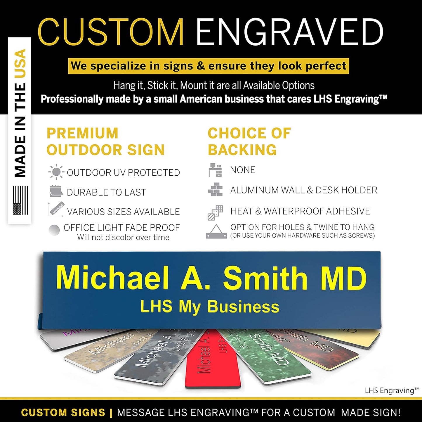 Engraved Door Signs for Office Personalized Blue Plastic Door Plaque with Yellow Letters - Made in USA 2x10 B20