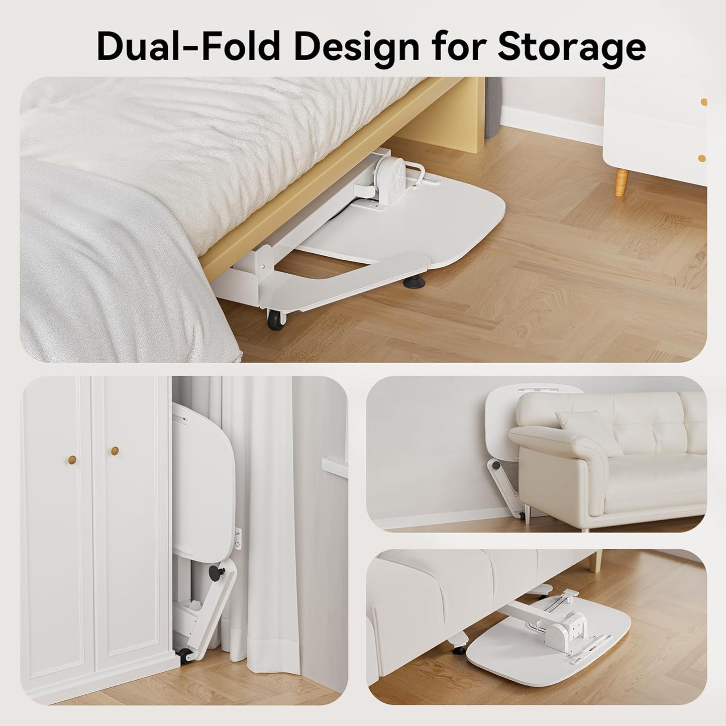 Foldable Pneumatic Height Adjustable Mobile Standing Desk with 90° Tiltable Tabletop, 27.2x18.9 Inch Portable Laptop Desk with Wheels, Holds Up to 66.1lbs for Home Office, Study, White