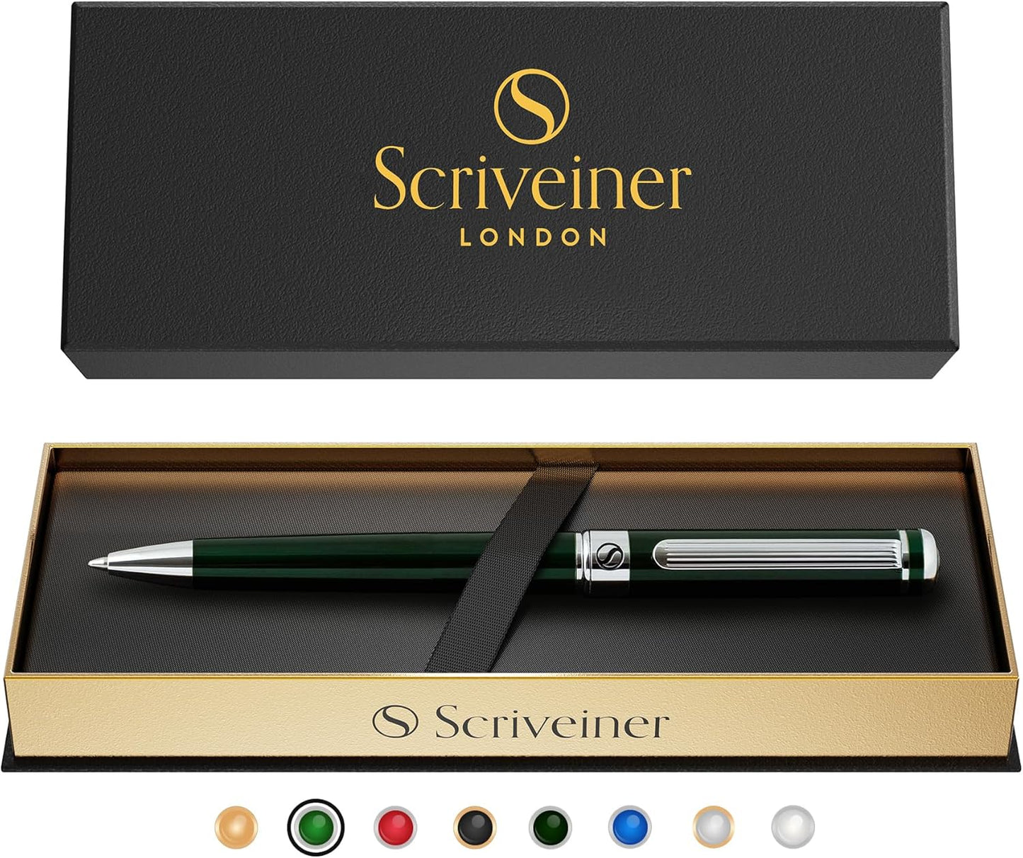 Scriveiner Green Ballpoint Pen - Stunning British Racing Green Luxury Pen, Chrome Finish, Schmidt Black Refill, Best Ball Pen Gift Set for Men & Women, Professional Executive Office, Nice Designer Pen