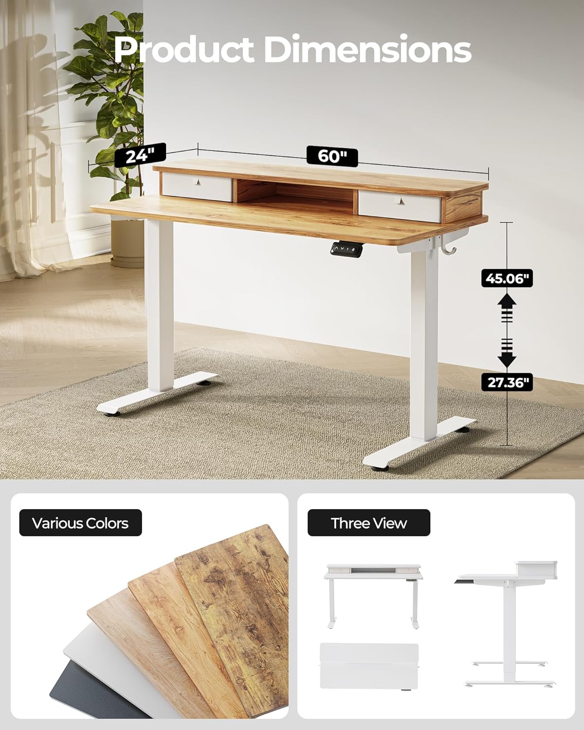 FEZIBO 60 x 24 Inch Height Adjustable Electric Standing Desk with Double Drawer, Computer Desk, Home Office Stand Up Table with 4 Height-Adjustable Feets & 2 Hooks, Light Rustic