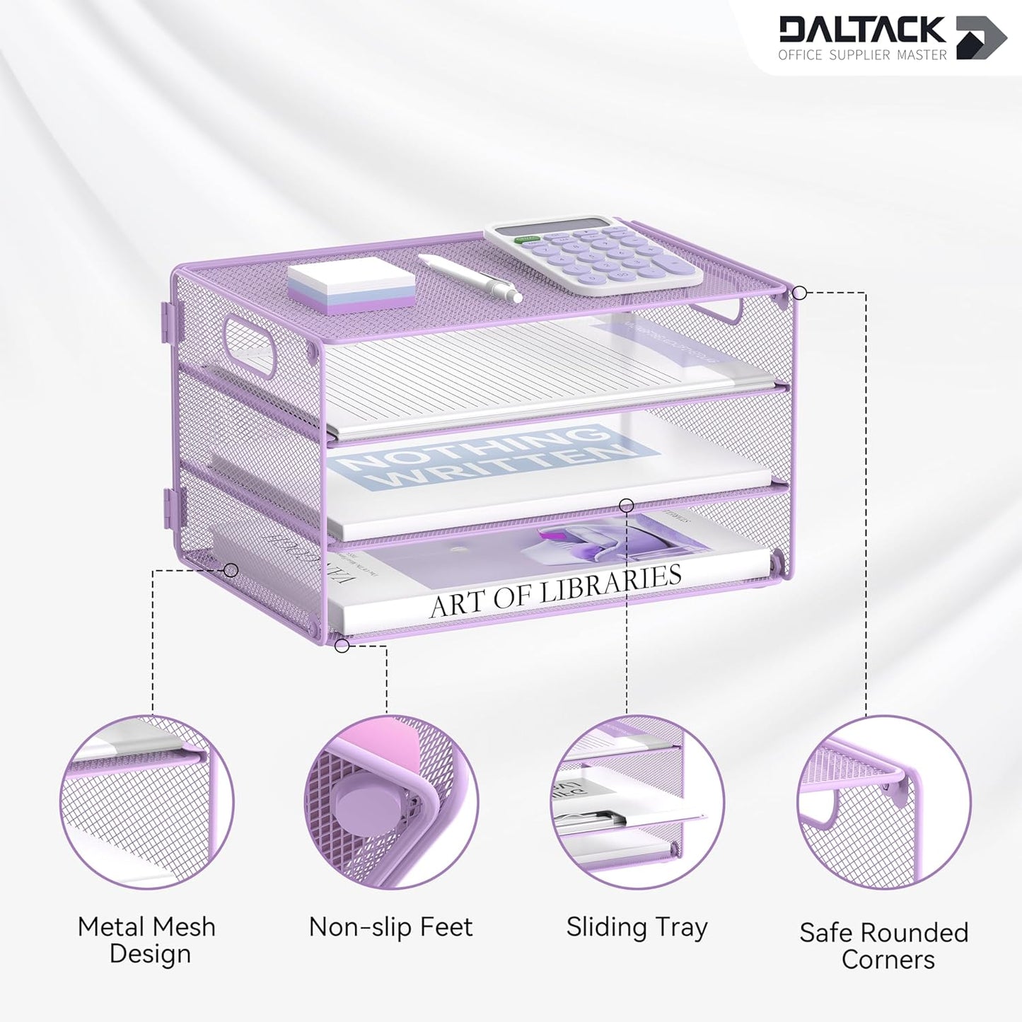 DALTACK 3 Tier Letter Tray Paper Organizer with Handle, Mesh Desk File Organizer, Paper Tray Desk Organizer for School Office Home, Metal Mesh, Purple