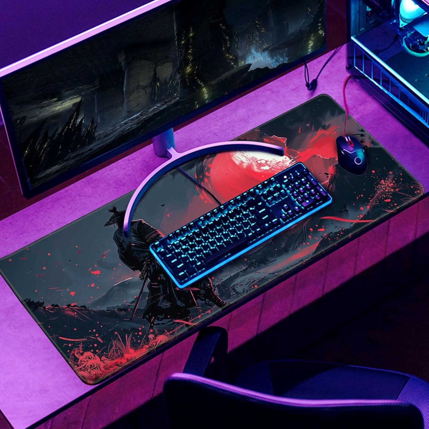 Black Desk Mat Japanese Samurai Mouse Pad XL Red Anime Big Mousepad Gaming Large Mouse Pad for Men Desk Pad with Stitched Edges Non-Slip Large Computer Mat, 31.5x11.8 in