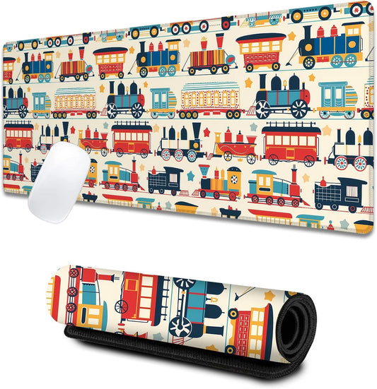 Playful Train Gaming Mouse Pad, Large Desk Mat with Cartoon Car, Rubber Non-Slip Extended Cute Vintage Mousepad, Office Home Decor Accent, Gifts for Retro Lovers, 31.5x11.8x0.12in