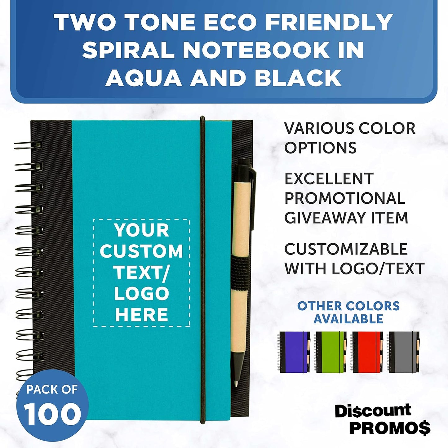 DISCOUNT PROMOS Custom Eco Block Notebooks with Pens Set of 100, Personalized Bulk Pack - Perfect for School, Office, Business, Home - Aqua