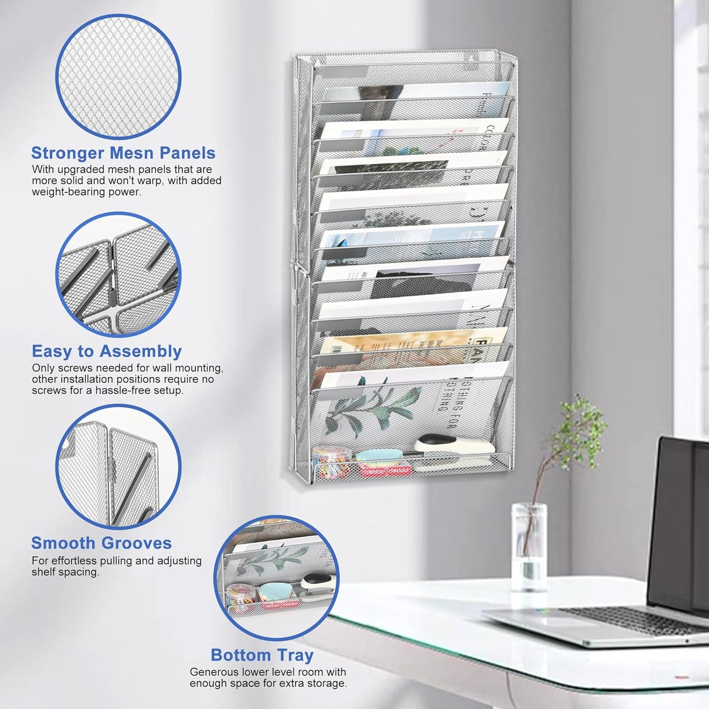EasyPAG 11 Tier Wall File Holder with Flat Tray, Silver | Easy Assemble Mesh Desk File Organizer | 10-Folder Paper Storage | Replaceable Classify Labels | Space Saving Mail Organizer for Office Home