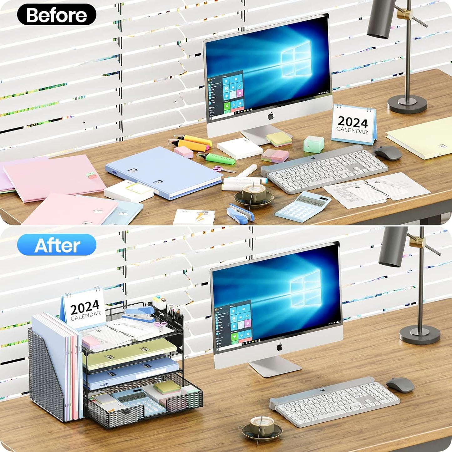 Desk Organizer and Accessories, 4-Tier Desktop File Organizer with Drawer and 2 Pen Holders, Office Desk Accessories for Office Supplies(Black)