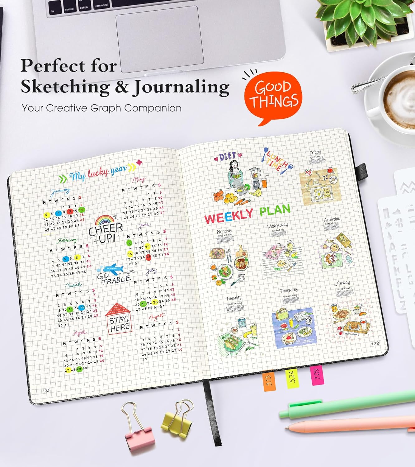 Graph Paper Notebook Journal, 360 Numbered Pages Grid Notebooks, Thick 100gsm Graphing Paper Notebook Journals for Women Men, B5 Large Hardcover Leather Graph Notebook 7.6'' X 10'' Black