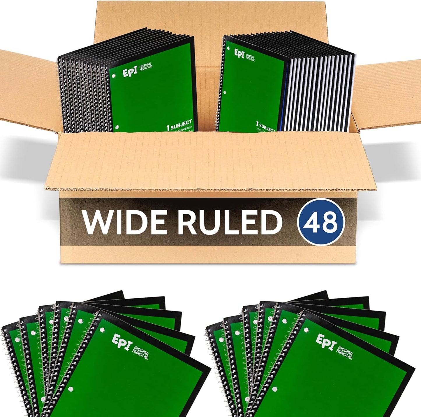 EPI Spiral Notebook | Wide - 70 Sheets, Durable Spiral Binding | 10.5 x 8 in | Classroom Supplies | School, Office, Note Taking, Journaling - 48 Pack