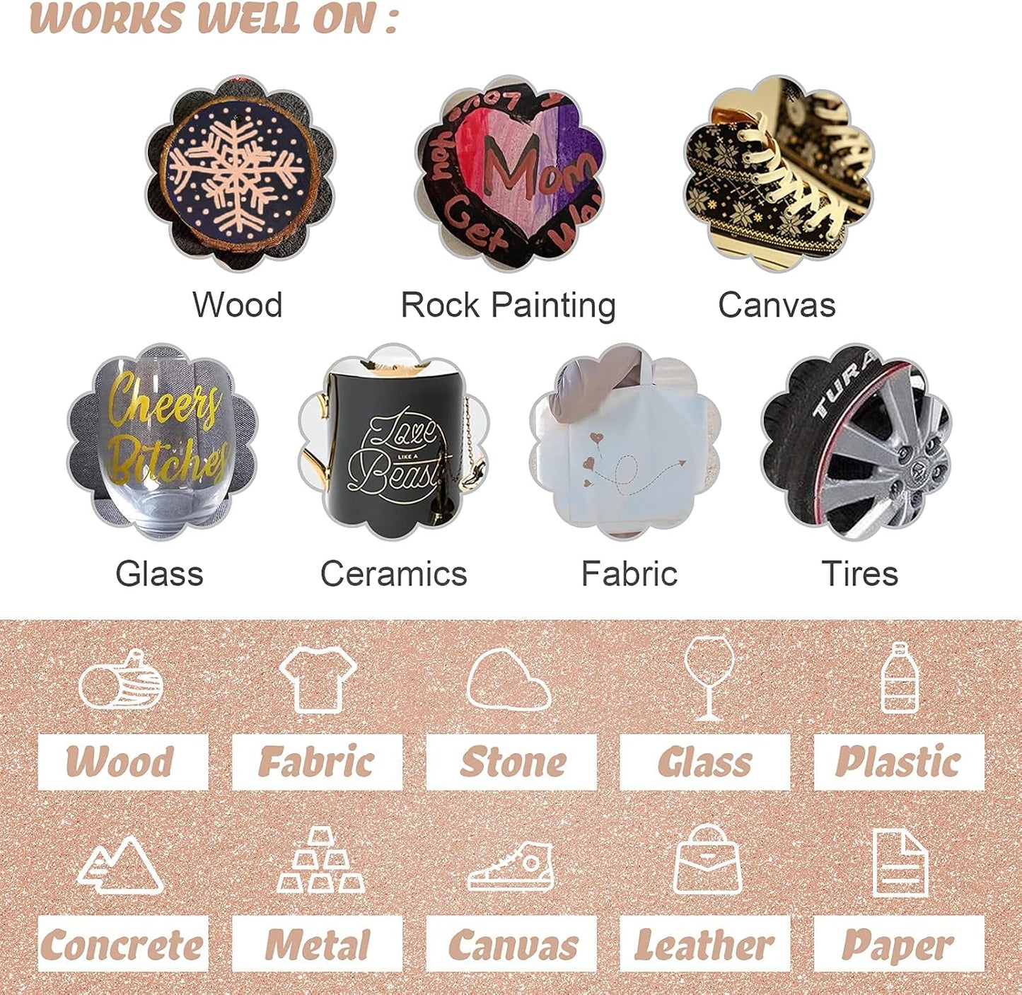 Gold Paint Pens with Silver, Rose Gold Acrylic Paint Pens for Rock Painting, Wood, Fabric, Glass, Canvas, Scrapbooking, Card DIY Metallic Acrylic Marker (0.7mm)