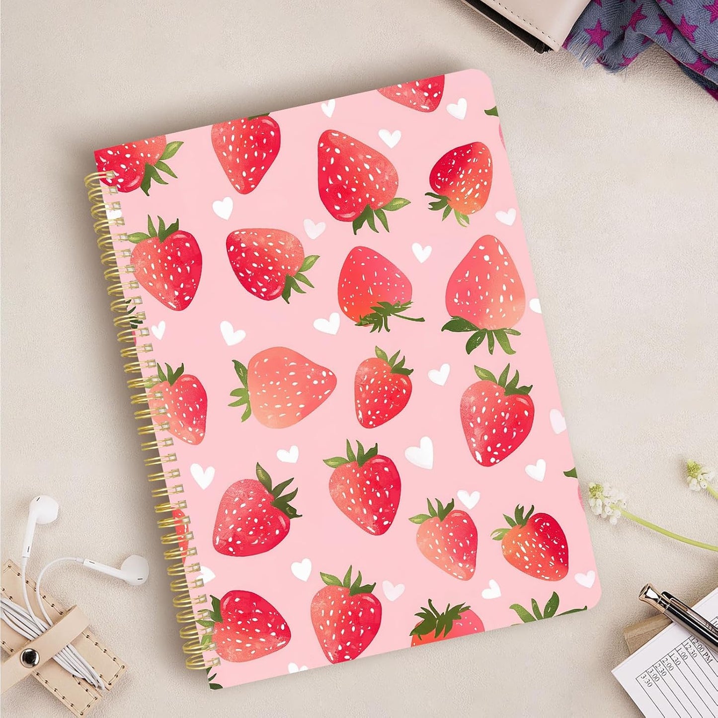 Cute Spiral Notebook journal A4 Aesthetic Pretty Design for Women Girls Kawaii with Pocket, 8.5 x 11 inch, Lined, Strawberry