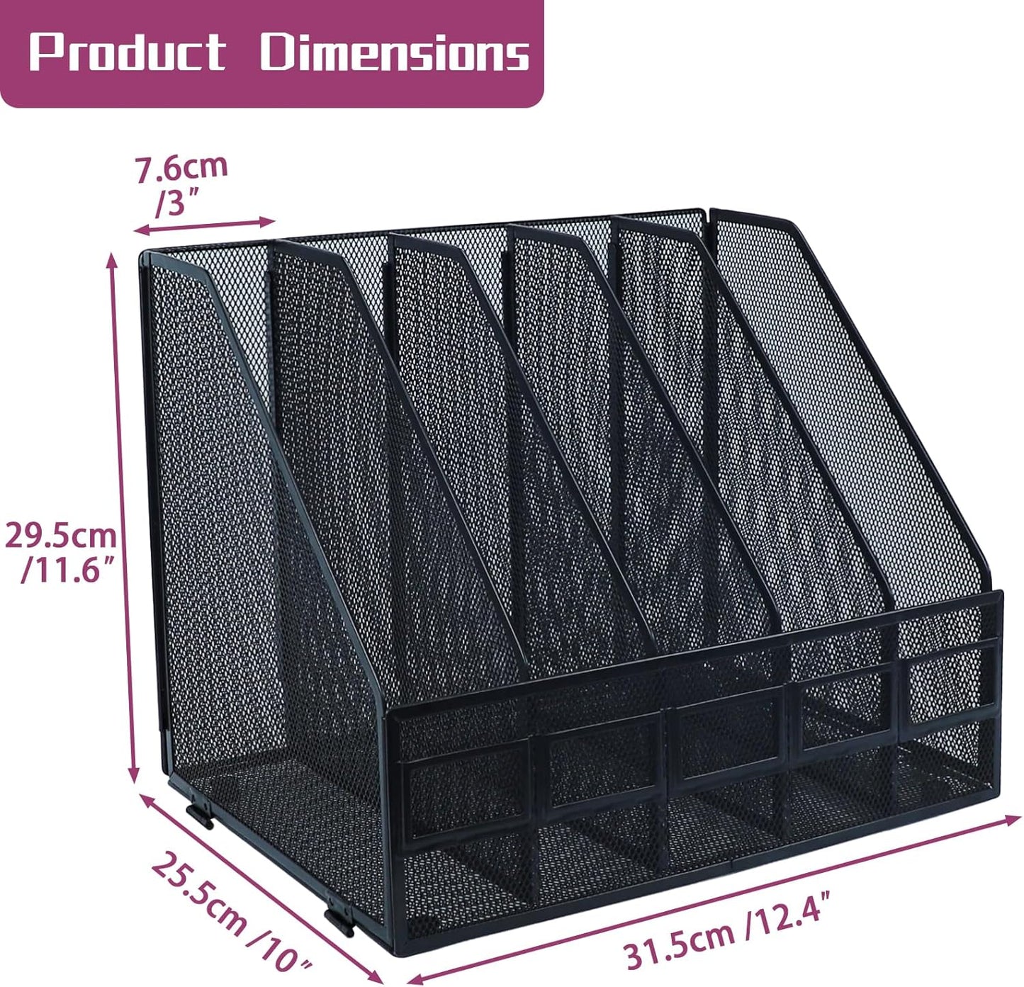 Desk Organizers, Metal Magazine File Holder with 5 Vertical Compartments Rack Binder File Organizer for Office Supplies, Home Workspace - Black