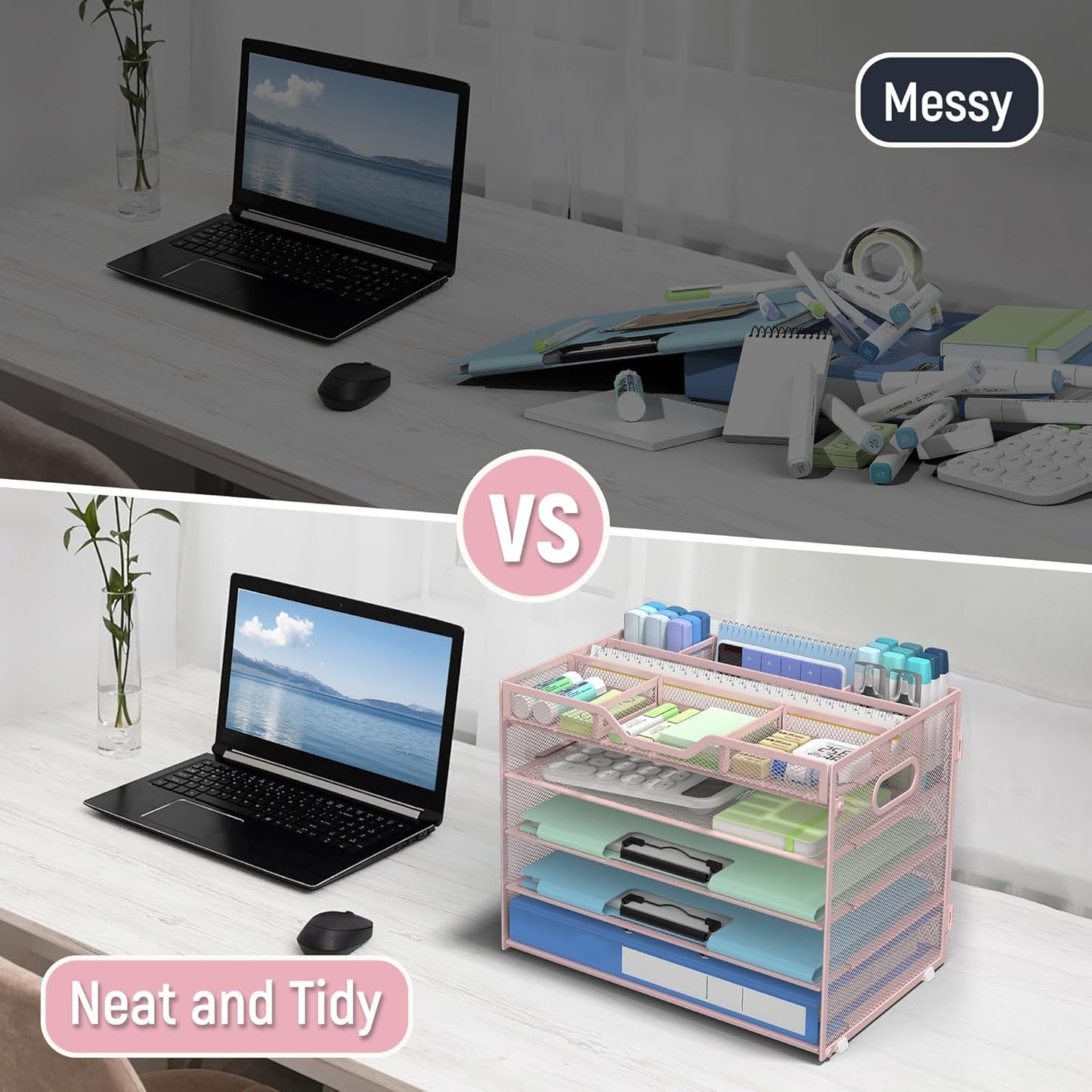 Docnest 5 Tier Mesh Desk Organizer- Letter Tray with Adjustable Compartments, Mesh Desktop Storage Built in Pen Holder and Handles, Desk Organizer Tray for Mail Documents Office Supplies–Pink