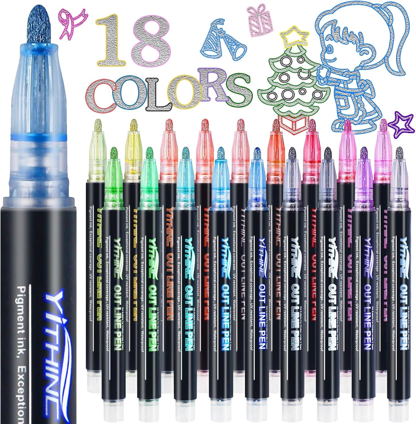 Outline Shimmer Markers, 18 Glitter Metallic Gel Pens for Coloring, Tween Teen Girl Gifts Trendy Stuff, Halloween Basket, Birthday Party, Cool Fun Art Crafts Supplies for Kids Girls Ages 8 10 12 14 16