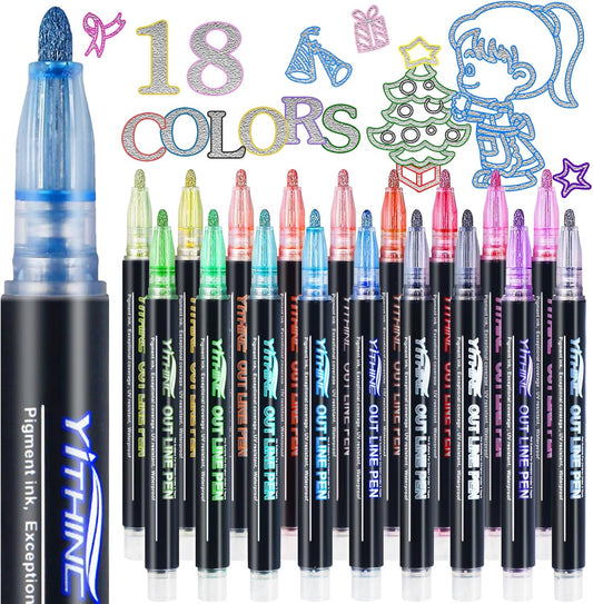Outline Shimmer Markers, 18 Glitter Metallic Gel Pens for Coloring, Tween Teen Girl Gifts Trendy Stuff, Halloween Basket, Birthday Party, Cool Fun Art Crafts Supplies for Kids Girls Ages 8 10 12 14 16