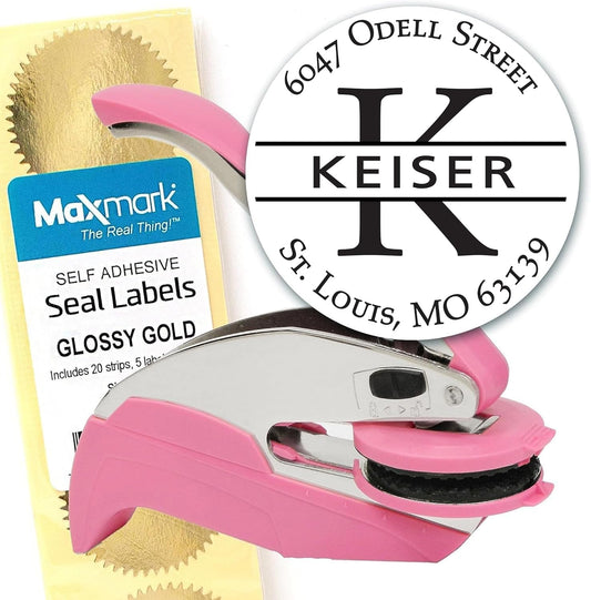 Custom Monogram Address Pink Embosser - Personalized Round Seal with 50 Gold Seal Labels - Style EM022
