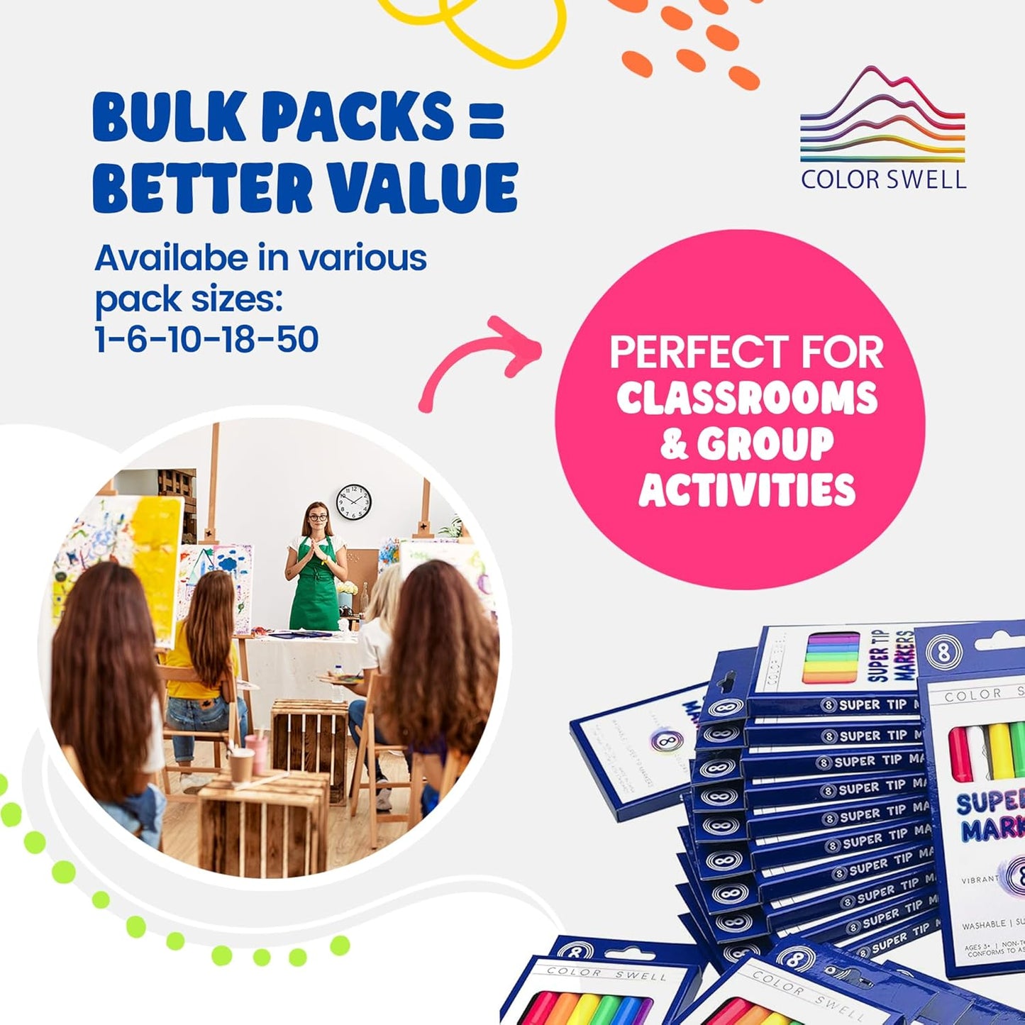 Color Swell 8-Pack Super Tip Markers – Washable, Non-Toxic, Ideal for Kids, Students, Adults, and Classroom Activities