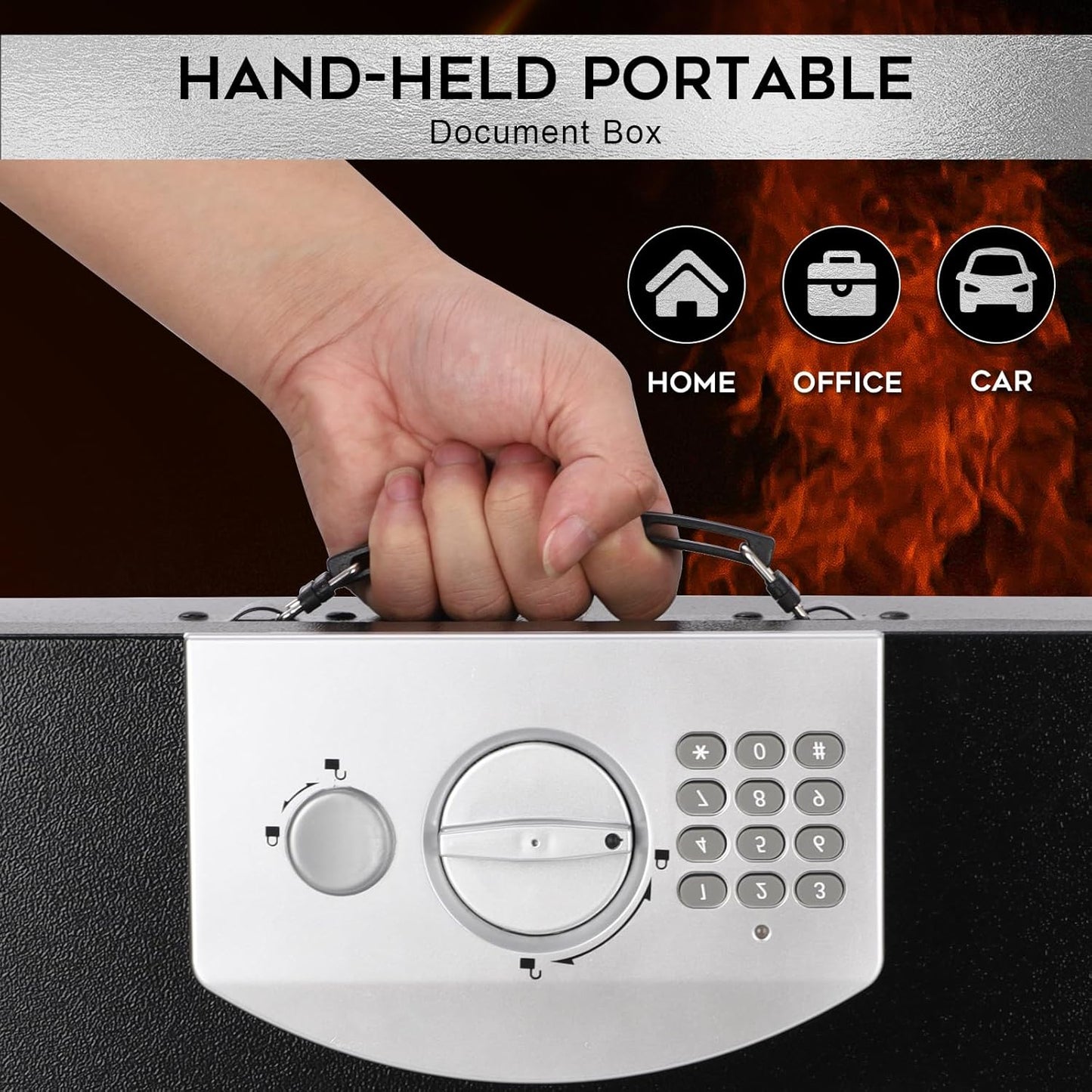 Dalmbox Portable Metal Safe Box with Digital Code Lock,Fire Resistant Storage for Documents, Fireproof Safe Box, Lock Box with Electronic Keypad, Car, Home, Office and Outside, Black XXL