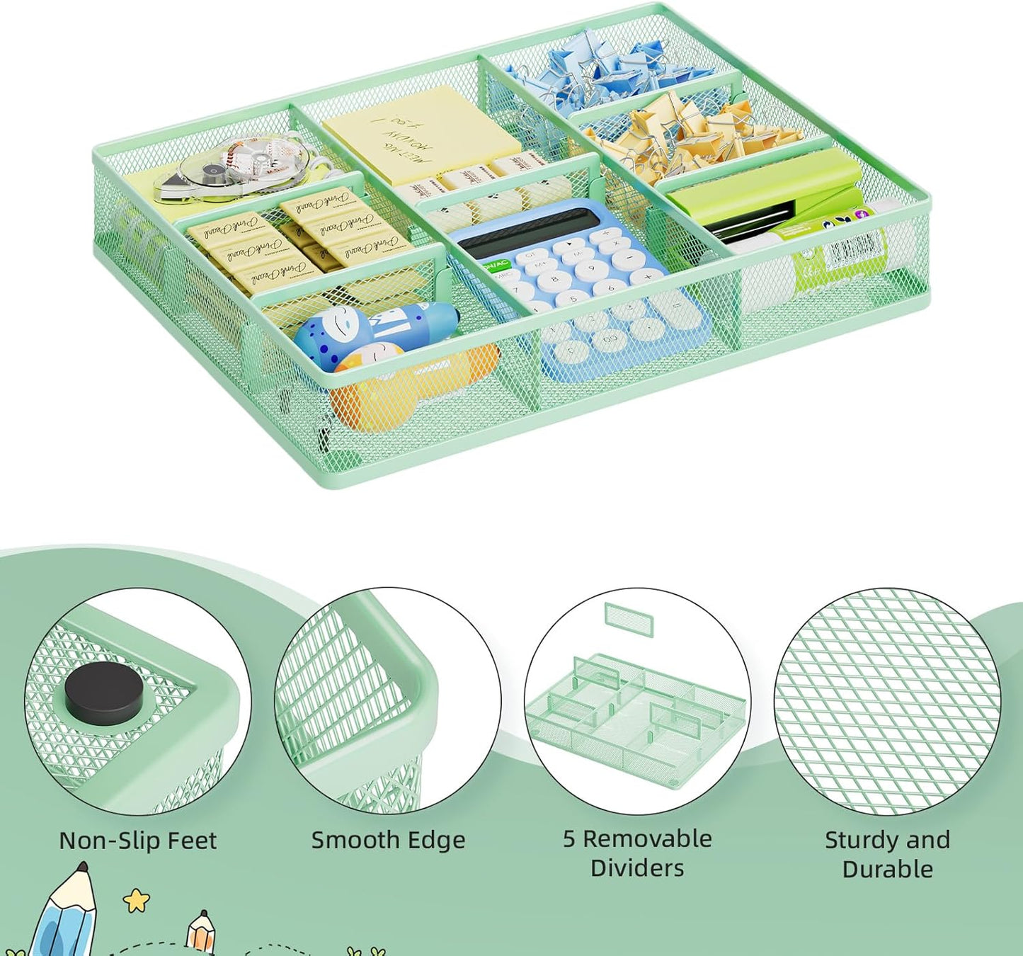 Marbrasse Desk Drawer Organizer, Metal Mesh Drawer Organizer Tray with 5 Adjustable Compartments,Desk Organizers and Accessories for Home,Office,Kitchen,Makeup,Vanity (Green)