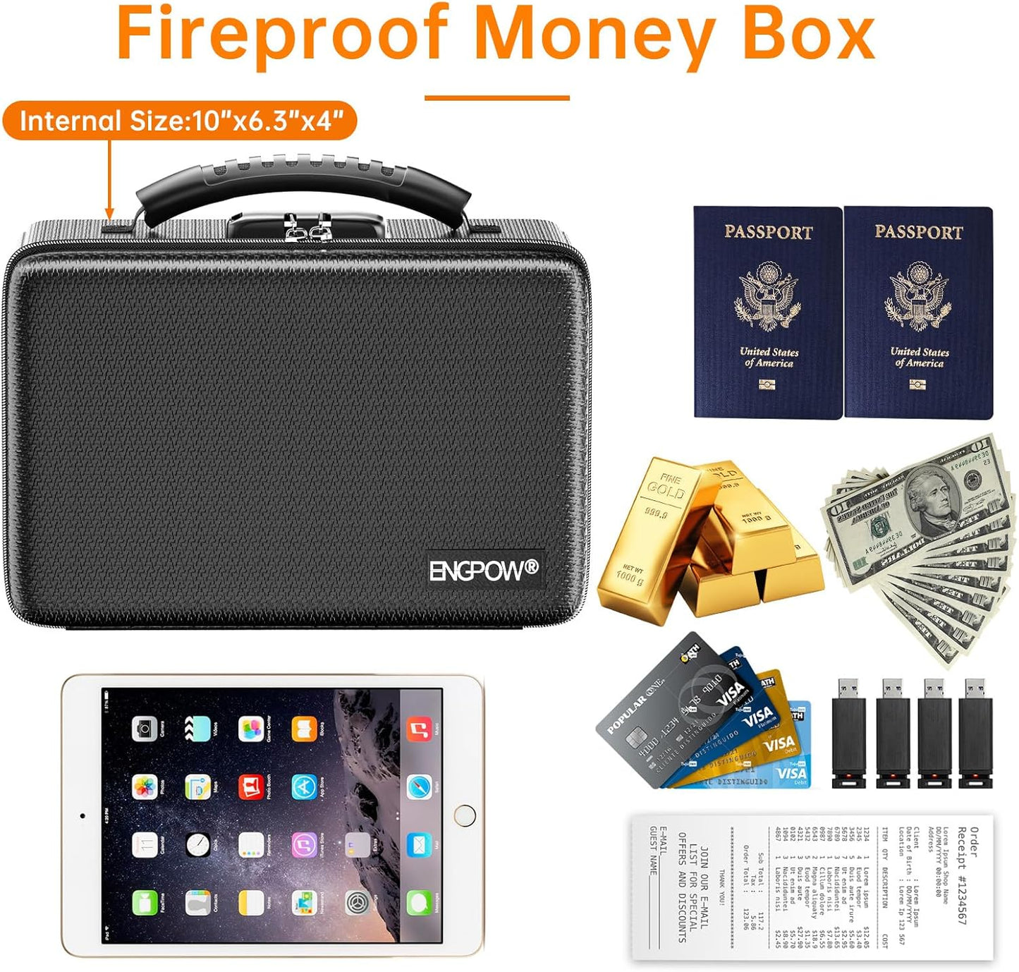 ENGPOW Fireproof Money Box, Small Hard Case Fireproof Box with Fireproof Zipper ＆ Lock, 6400°F Heat Insulated Fireproof Water Resistant Safe Box for Cash, A5 Document, Passport and More, Black