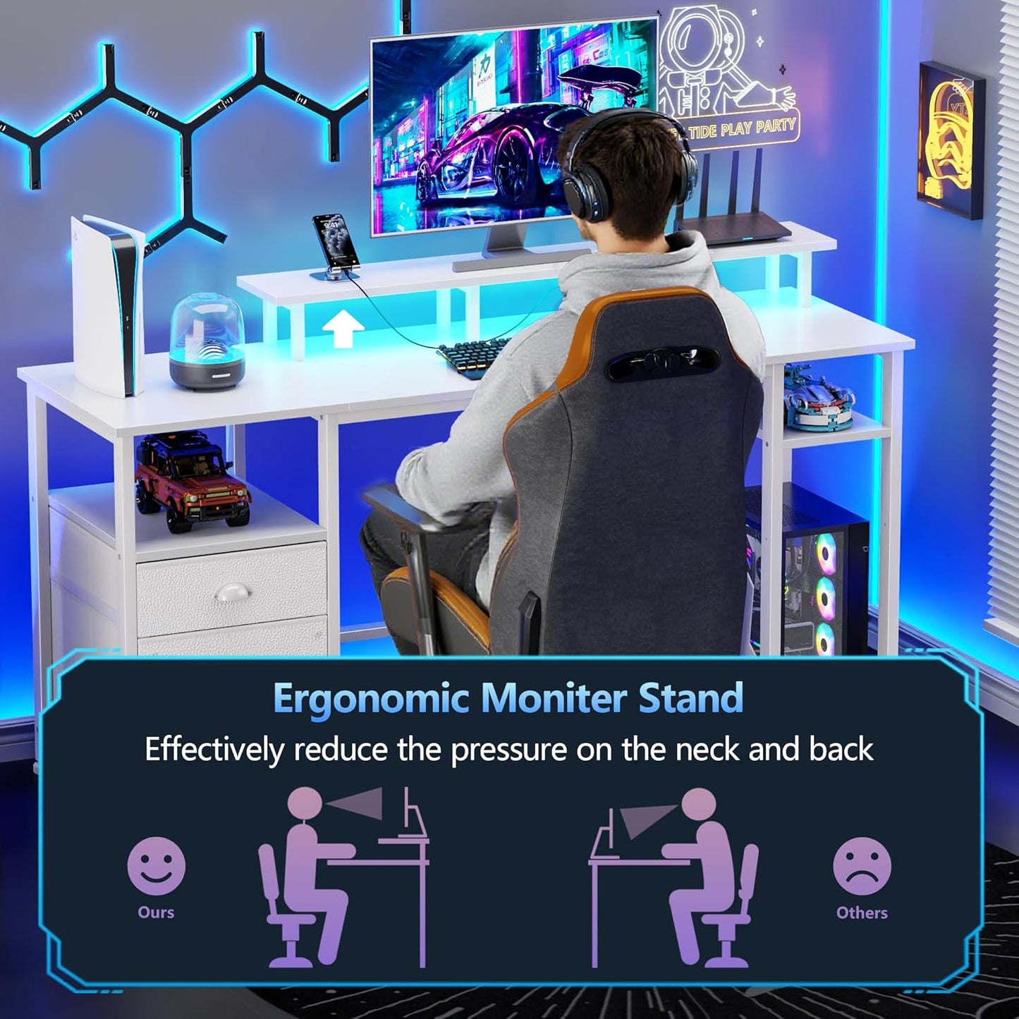 Furologee 61" Computer Desk with Power Outlet and LED Lights, Reversible Gaming Desk with File Cabinet & Monitor Stand for Home Office, Large Work Table with Storage Shelves & Drawer, White