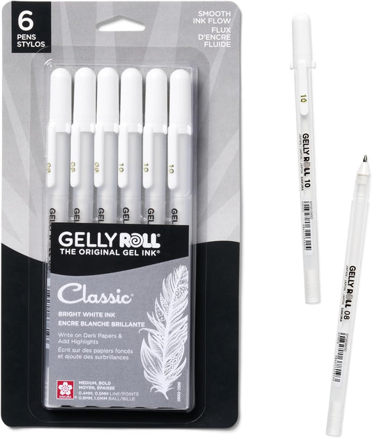 SAKURA Gelly Roll Gel Pens - Medium & Bold Tip Ink Pens for Journaling, Art, or Drawing - Classic White Ink - 08/10 Assorted Tip Sizes - 6 Pack
