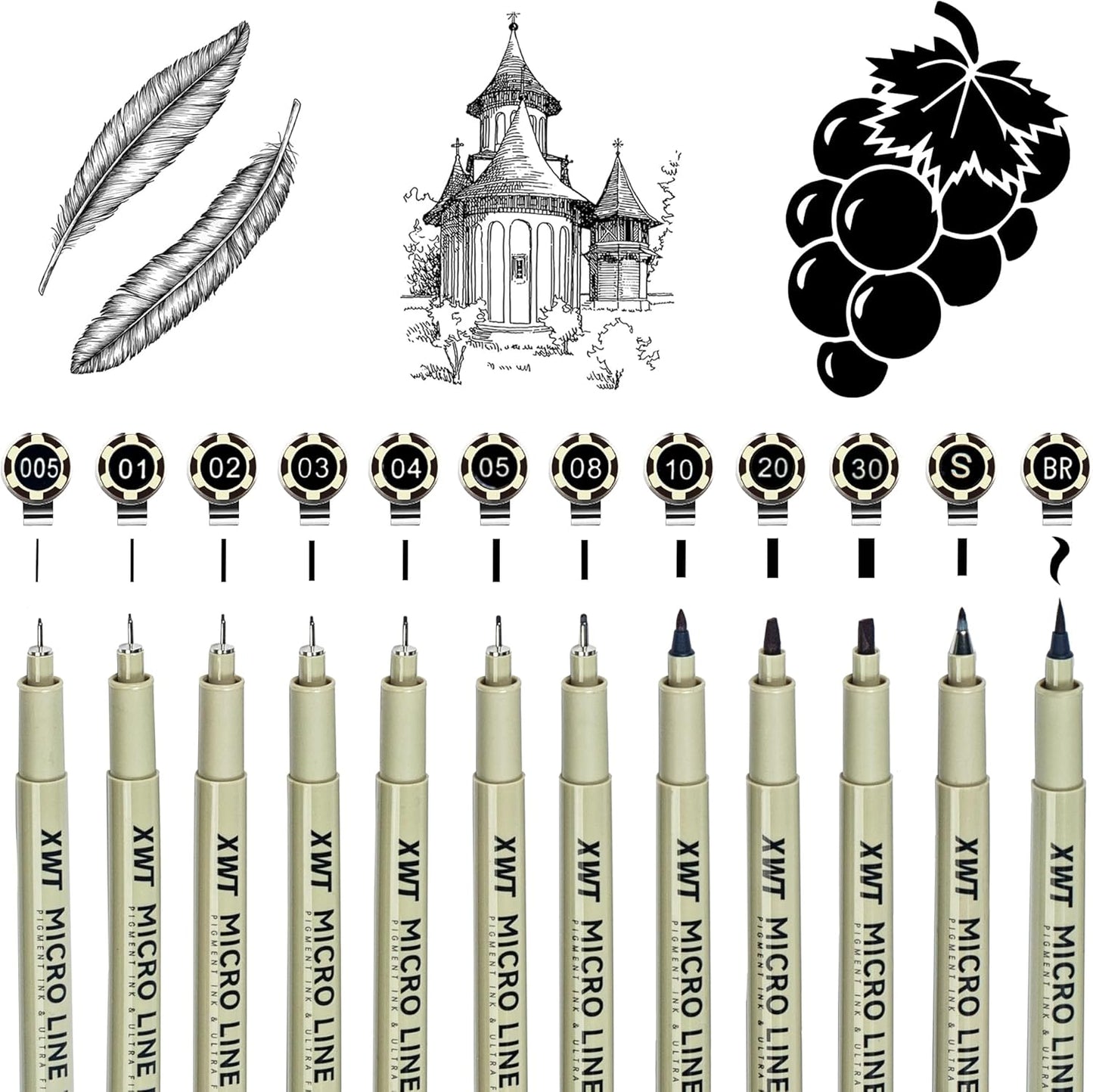 Micro Fineliner Pens 12 Size/Set, Ultra Fine Fineliner Pen, Chisel Pens, Brush Marker Pen, Water-based Black Pigment Ink, Drawing Journaling Doodle Supplies for Artists, Designers, Students
