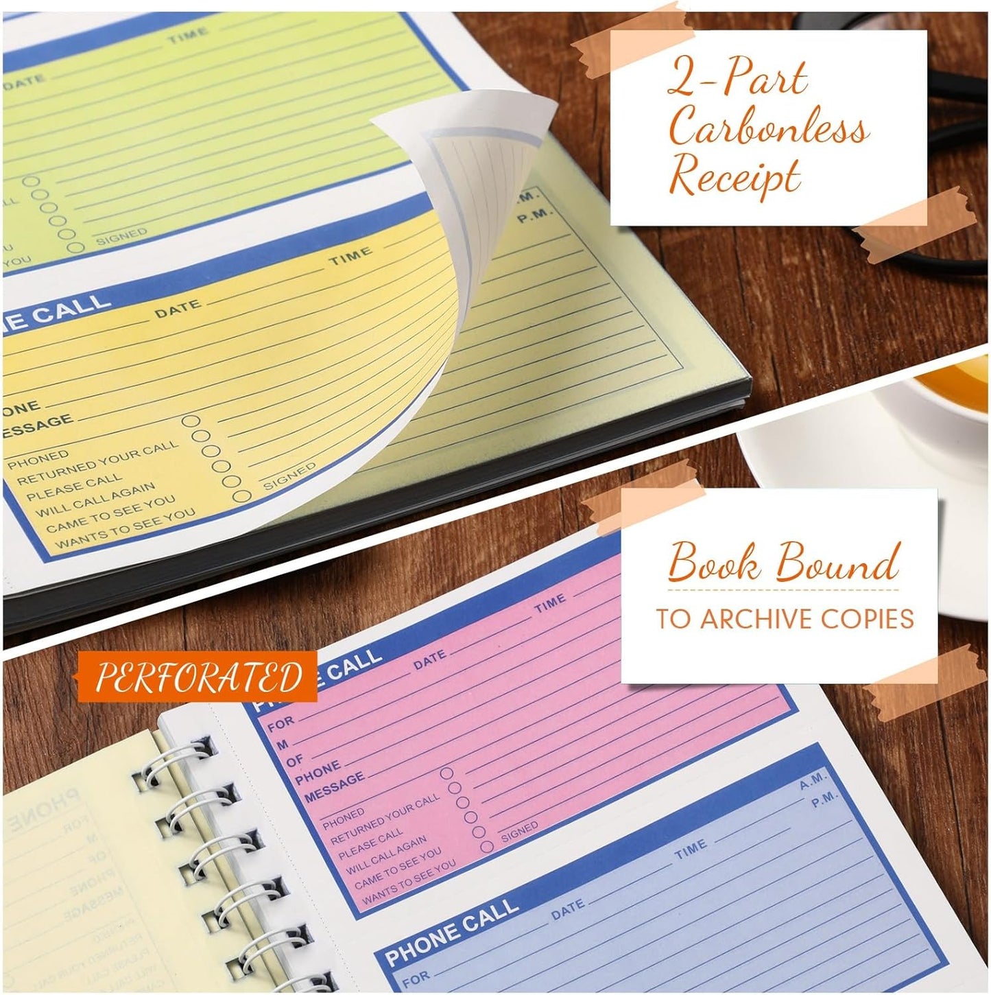 Fullhawl 2 Pcs Spiral Bound Phone Message Book 5-1/2" x 11" 2 Part Colorful Carbonless Message Pads 4 Messages Per Page Carbon Copy Notebook Spiral Phone Call Log Book for Business Office
