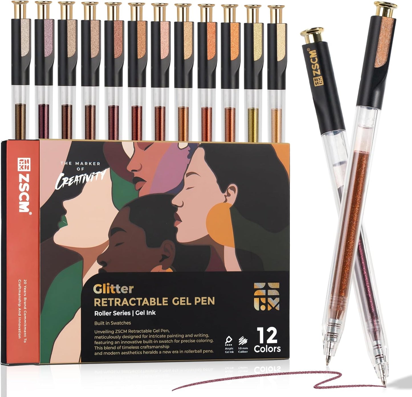 Retractable Glitter Gel Pens, 12 Colors Large Capacity Skin Tone Glitter Metallic Gel Ink Pens, 1 mm Fine Point Smooth Writing Color Pens for Adult Coloring Book Note Taking Aesthetic Art Supplies