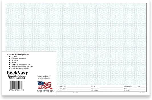 11" x 17" Isometric Graph Paper 50 Sheets Landscape - 0.25" Grid, Non-photo Blue, High Brightness, Drafting, Engineering, Art, 3D Design (1-Pack)