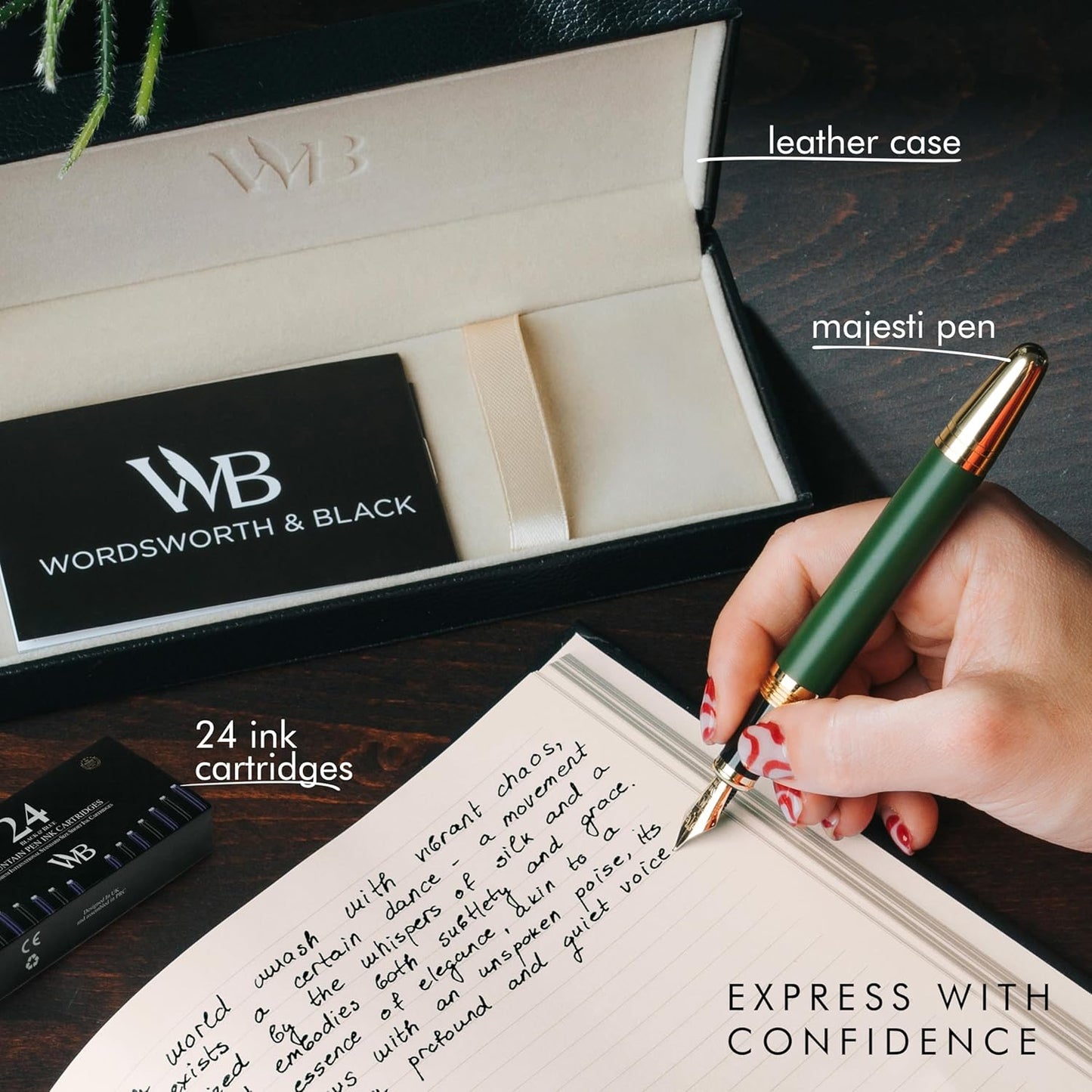 Wordsworth & Black Majesti Fountain Pen-(Green), Luxury Case, 24K Gold Finish; 18K Gilded Medium Nib- Ink Cartridges, Refillable Ink Converter-Calligraphy Pen-Best Business Gift Set for Men & Women