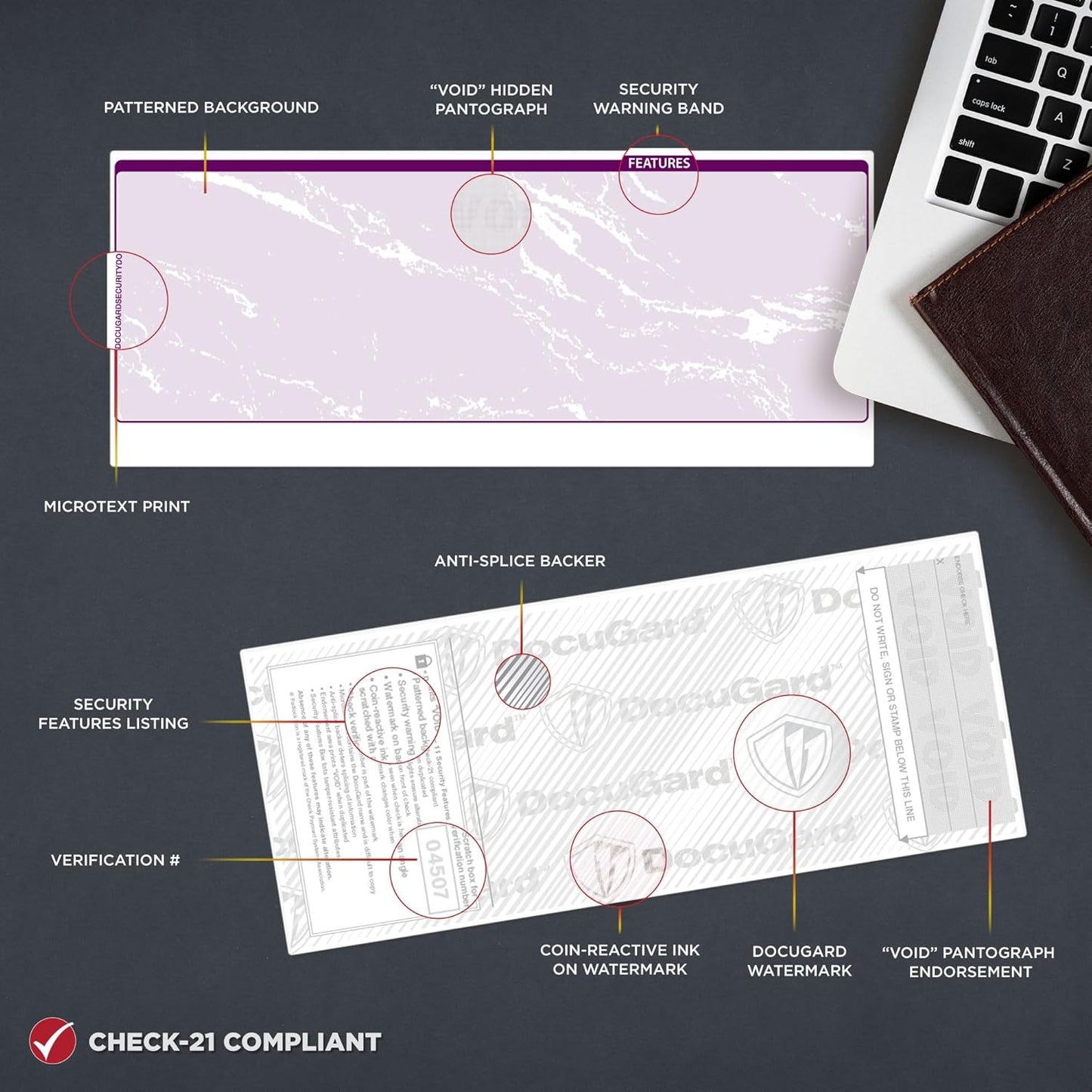DocuGard Standard Purple Marble Top High Security Check Paper - QuickBooks & Laser/Inkjet Printer Compatible - 11 Security Features - 500 Blank Business Checks (04507)