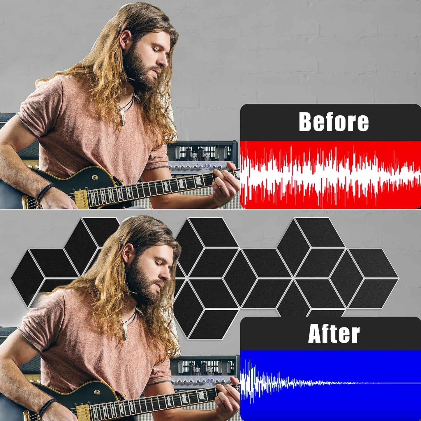 12-Pack Self-Adhesive Acoustic Panels 12" x 10" x 0.4" High-Density, Flame-Resistant Soundproof Foam. Absorbs Noise and Eliminates Echoes, Hexagonal 3D Design(BlackFace)