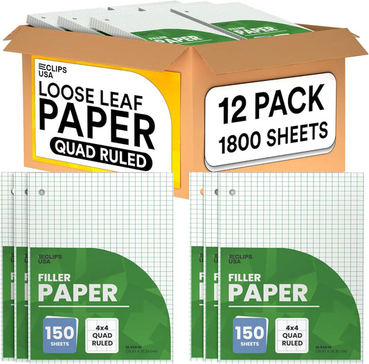 Graph Paper, Loose Leaf Graph Paper, 4 x 4 An Inch Quad Ruled Graph Paper, 10.5” x 8” Graphing Paper, 56 gsm, 150 Per Pack,1800 Sheets (12 Pack)