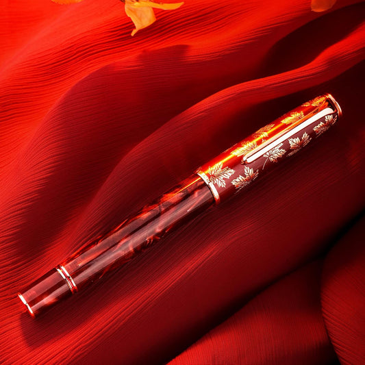 Hongdian N8 Fountan Pen, Iridium Fine Nib, Rose Gold Trim Maple Leaf Carving Cap Red Acrylic Resin, Smooth Writing Pen with Converter and Metal Pen Box Set