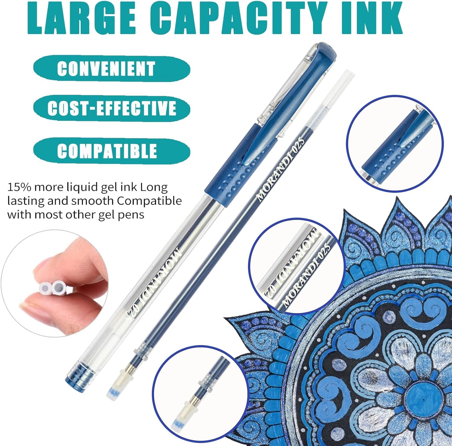 Blue Gel Pens for Coloring Book,72 Color Gel Pens Set including 24 Color Gel Pen with 48 Refills,40% More Ink Colored Gel Pens for Drawing, Doodling, Scrapbook, Journaling