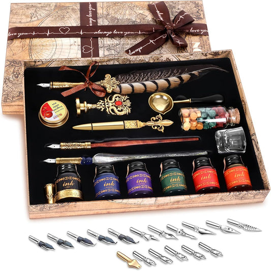 NC Quill Pen Ink Set,includes quill pen,wooden And glass dip pen,6 bottles ink,8 letter paper,1 envelope,17 Replaceable Nibs,1 bottle of fire lacquer wax,spoon,Seal Stamp,candle,pen holder, Cup.